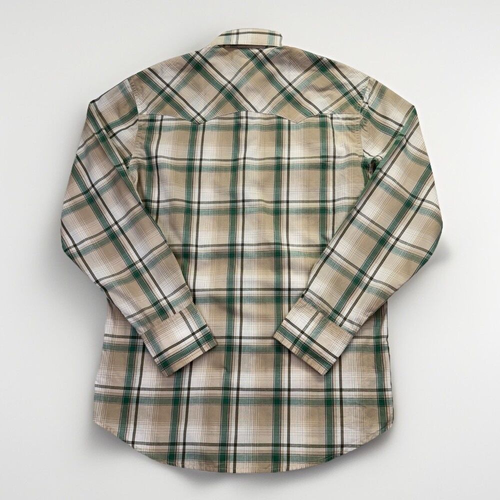Wrangler Rodeo Wrancher Tan Green Plaid Shirt Pearl Snaps Long Sleeves Cotton L - Picture 5 of 7